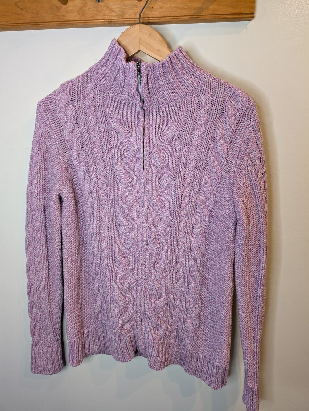 L.L.Bean Lavender Purple Cable Knit Full Zip Sweater Cotton Mock Neck Large